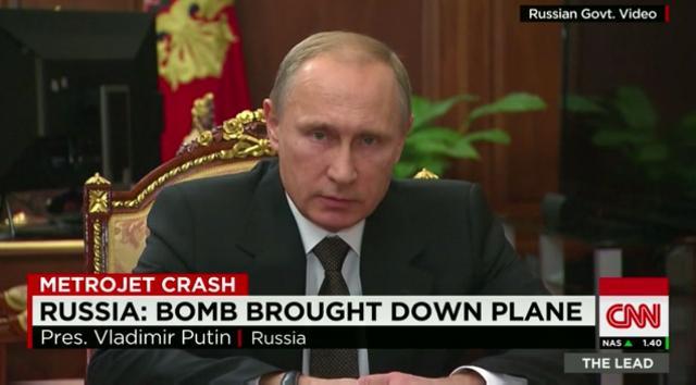 ロシアのプーチン大統領。旅客機墜落が爆弾によるものであるとの見解を示した