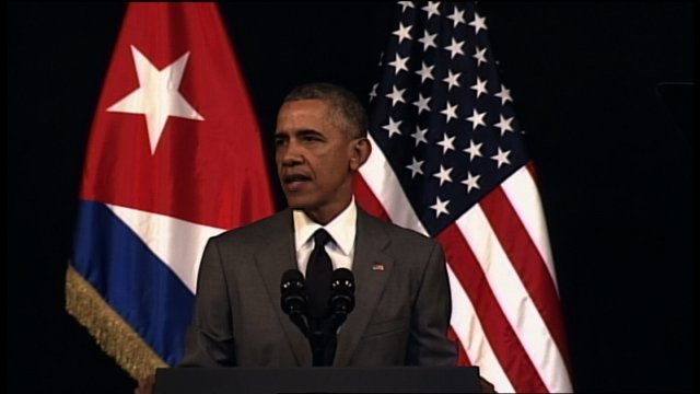 キューバの首都ハバナで演説するオバマ米大統領