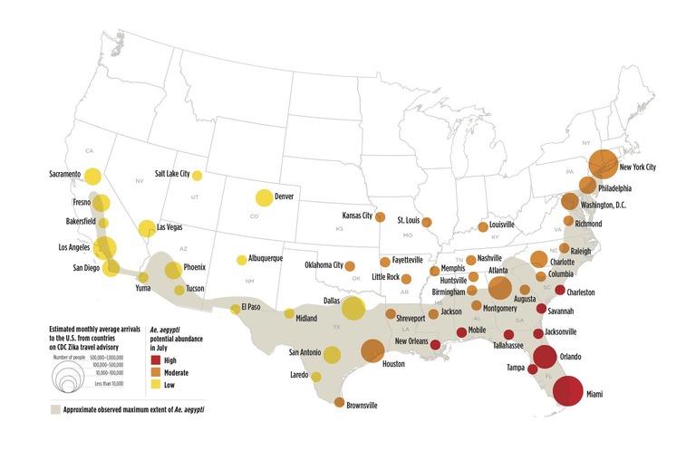 米国内でのジカ熱の感染リスクが地図で示された＝NASAから