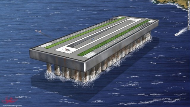 航空技術者テリー・ドリンカード氏考案のフロート空港。これは深海石油掘削リグの建設ですでに試験済みの技術や材料に数多く取り込んでいる