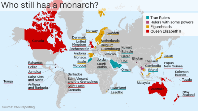 世界４３カ国に国家元首としての君主が存在する