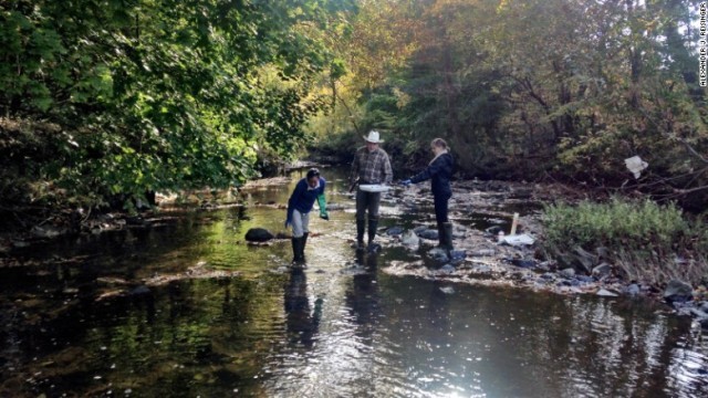 米ボルティモアの河川でサンプルを採取する調査員