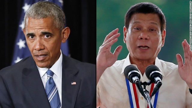オバマ大統領（左）とフィリピンのドゥテルテ大統領が社交辞令の言葉を交わした