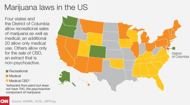 コロラド州など４州とコロンビア特別区では娯楽用マリフアナが解禁されている