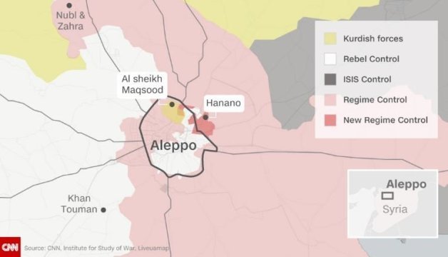 アレッポとその周辺の勢力図。シリア政府軍が同市東部の奪還に向け攻勢をかけている