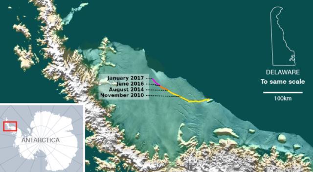 「ラーセンＣ棚氷」にできた巨大な割れ目の伸びを示す図