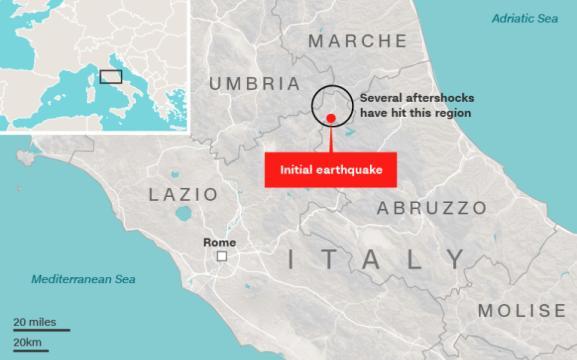イタリア中部で強い地震が連続で発生