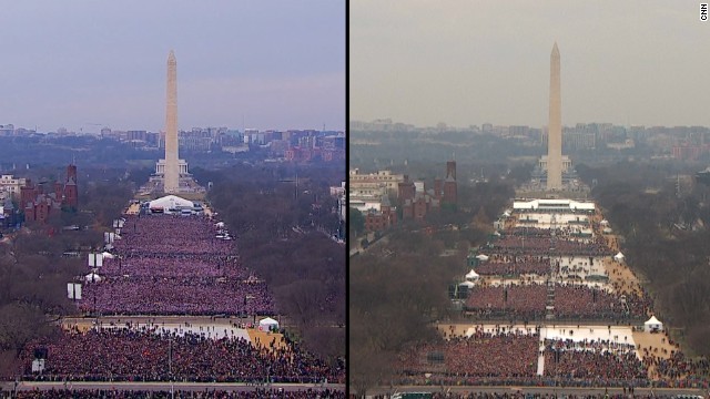 ２０１３年のオバマ氏の就任式（左）と２０１７年のトランプ氏の就任式の様子