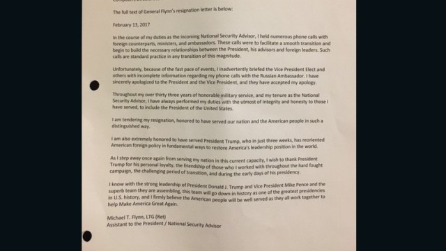 フリン氏が辞任に際して記した書簡