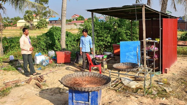 観光客がタランチュラの調理方法を学ぶキッチン