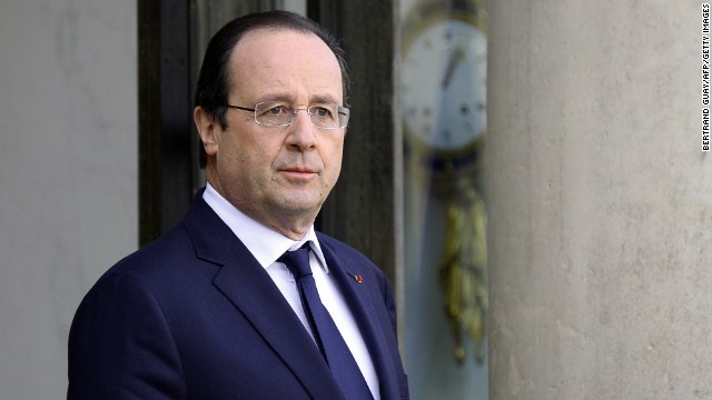 フランスのオランド大統領。演説中に発砲があった