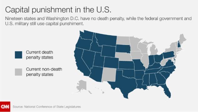 白く塗られた１９の州と首都ワシントンには死刑制度はない