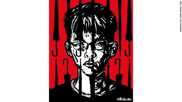 「Prisoner of Umbrella」。香港民主化運動の学生リーダーの１人、黄之鋒（ジョシュア・ウォン）さんがモチーフ