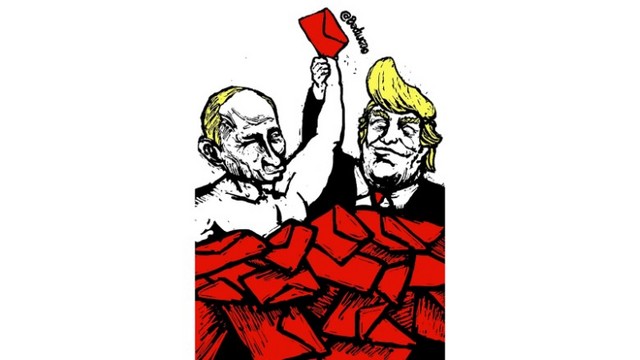 「Mail Lovers」。ロシアのプーチン大統領と米国のトランプ大統領が題材に