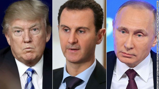 右からプーチン大統領、アサド・シリア大統領、トランプ米大統領