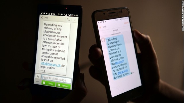 パキスタン当局が市民の携帯端末に送った冒涜的投稿に関する警告文