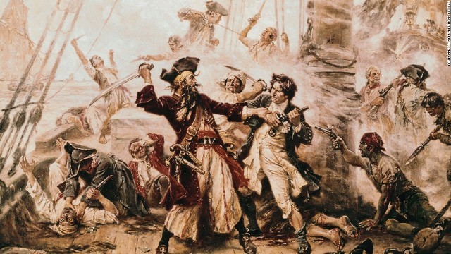 海賊「黒髭」と英王立海軍将校との１７１８年の戦いを描いた絵画