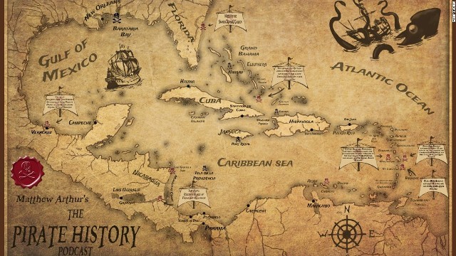 海賊にまつわる事件の説明も書きこまれたカリブ海の地図