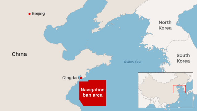 中国人民解放軍は軍事演習のため青島沖で船舶の進入を禁止すると発表