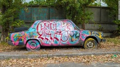 １１．ウクライナの首都キエフに廃棄された車を壁画アーティストらが芸術作品に変えた