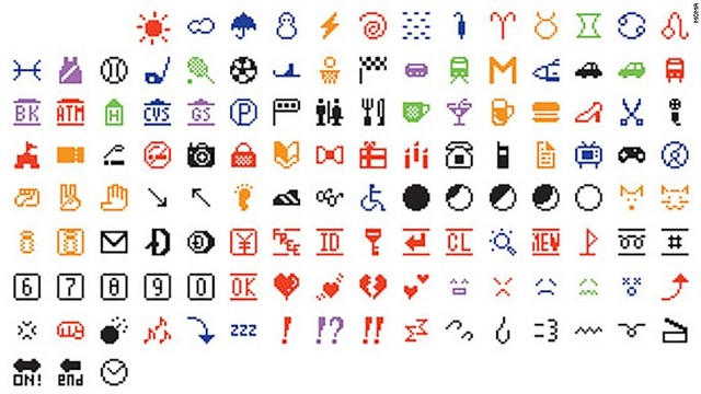 絵文字：１９９０年代末に栗田穣崇（くりたしげたか）氏がｉモードの携帯電話に絵文字を導入した。絵文字は当初、メッセージの送受信ではなく、簡単な天気予報やビジネス情報のために生み出された