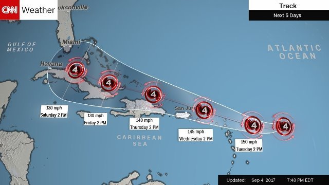 ハリケーン「イルマ」が大西洋上を西へ進んでいる