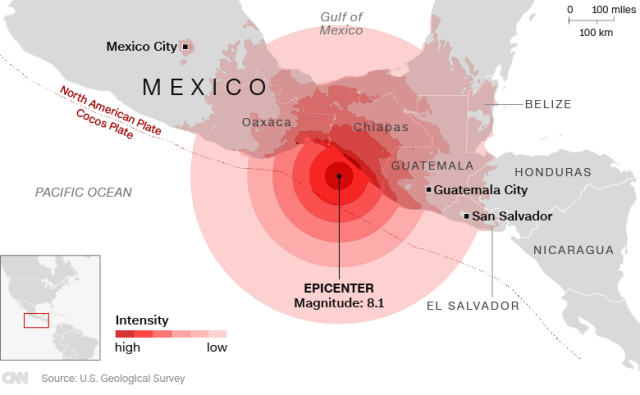 メキシコ南部沖合で発生したＭ８．１の地震で５８人が死亡