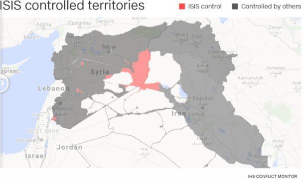 ラッカ陥落を受け、ＩＳＩＳの支配地域は赤色の範囲のみに縮小した