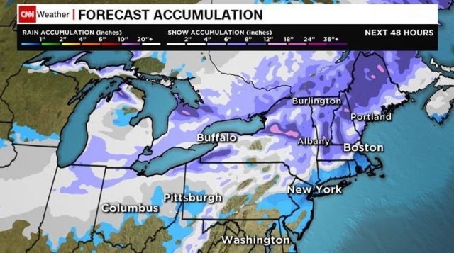 北東部など広い地域で降雪が予想されている