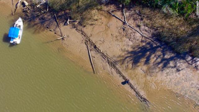 泥に埋もれた米最後の奴隷船のものとみられる残骸を上空から撮影