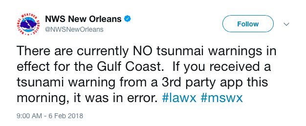 手違いでまた津波警報の誤報があった＝＠ＮＷＳＮｅｗＯｒｌｅａｎｓ／Ｔｗｉｔｔｅｒ