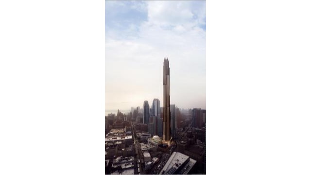 「９デカルブ」。ブルックリンにあり、２０２０年の完成時には高さ３１４メートルとなる見込み。基礎部分の幅は４５メートルで、スレンダー比率は１：５だ
