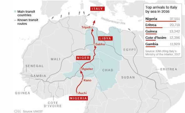 ナイジェリア南部から北へ欧州を目指すルートが延びている