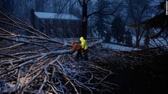 倒れた木々の処理にあたる人々＝２日、ペンシルベニア州