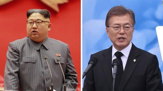 韓国の文在寅氏（右）と北朝鮮の金正恩氏との会談が４月２７日に実現する見通しに