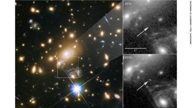 強い重力で増幅した９０億光年先の星の光をハッブル宇宙望遠鏡がとらえた