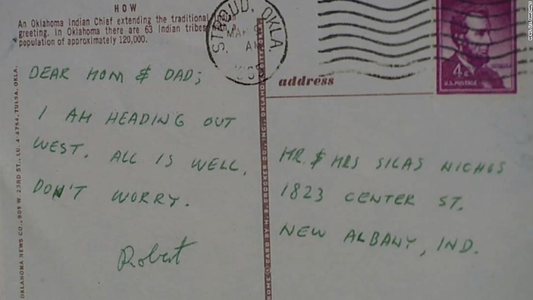 ロバート・ニコルズ氏が１９６５年に両親宛てにオクラホマ州ストラウドから送ったはがき/WEWS, U.S. Marshals