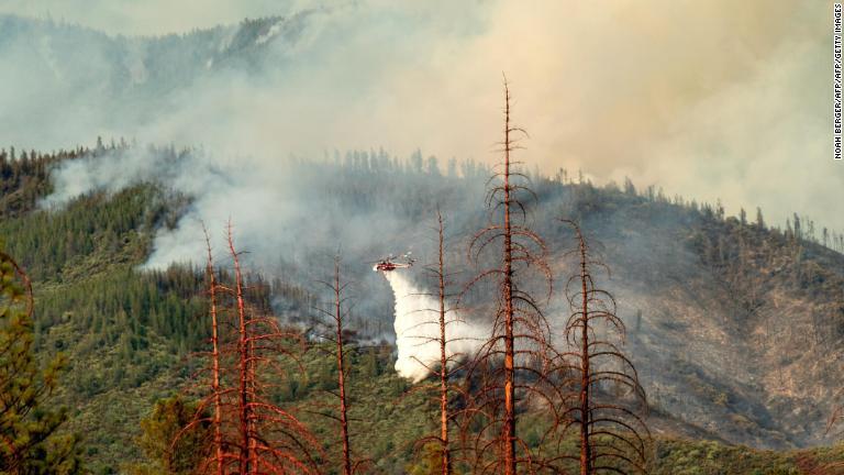 スタニスロース国立森林公園で消火活動を行うヘリコプター/NOAH BERGER/AFP/Getty Images