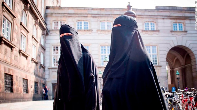 議会の建物の前に立つニカブを着用した女性＝５月、コペンハーゲン/MADS CLAUS RASMUSSEN/AFP/Getty Images