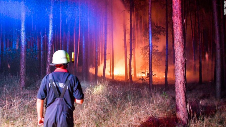 ベルリン南郊の山火事の消火活動に従事する消防士/Patrick Pleul/AP