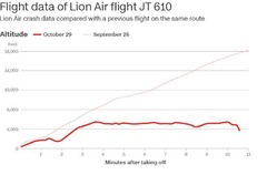 事故機の離陸後の高度の推移。太い線は事故時の、細い線は９月２６日に同じルートを飛んだ際の記録。縦軸は高度（フィート表示）、横軸は離陸後の分数を示す。データ出典：フライトレーダー２４