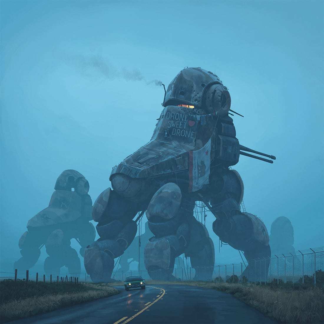 主人公の少女と黄色いロボットが様々な戦闘マシーンと遭遇する/Simon Stålenhag