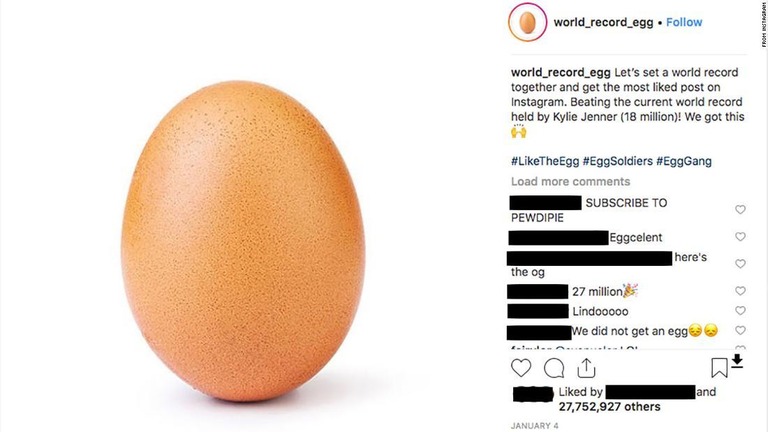 インスタグラムの「いいね！」最多記録を更新した卵の写真/From Instagram