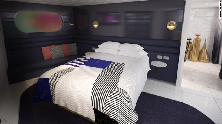 マッシブ・スイートの寝室。普段はクルーズ船の利用を考えない層をターゲットにしているという/Virgin Voyages
