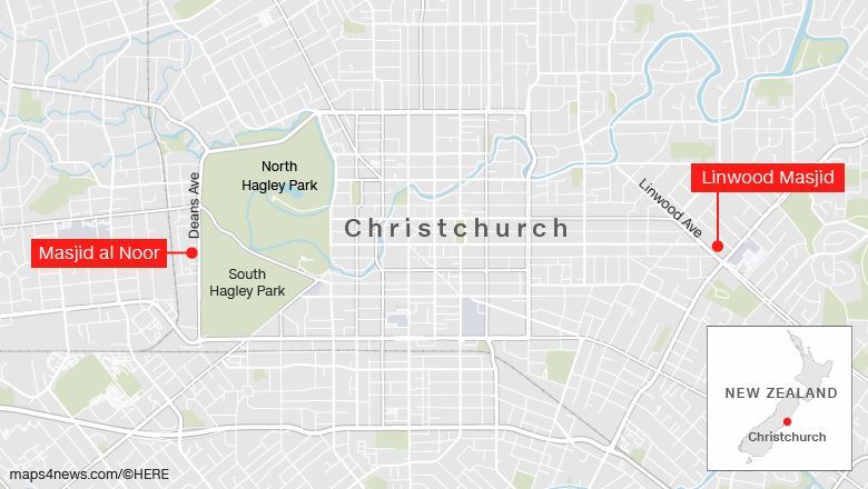 クライストチャーチ中心部にある２カ所のモスクが襲撃された/maps4news.com/HERE