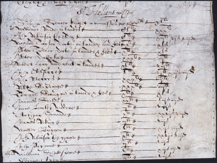 １５９８年の納税者名簿。下から２段目にウィリアム・シェークスピアの名が記されている/National Archives