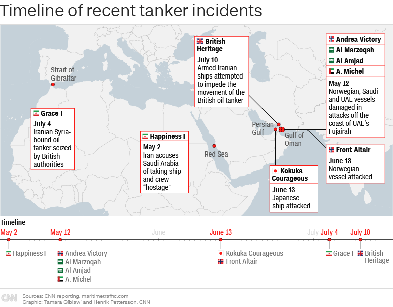 最近のタンカー絡みの案件。先月１３日には日本とノルウェーのタンカーが攻撃を受けた/CNN