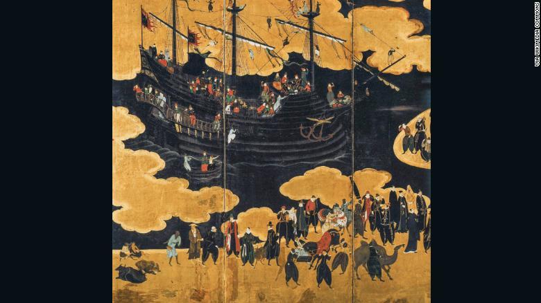 ポルトガルの黒船がゴアやマカオから日本に到着する様子//Via Wikimedia Commons