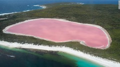 ヒリアー湖（オーストラリア）の鮮やかなピンク色は、湖にすむ藻が生成する色素に由来する