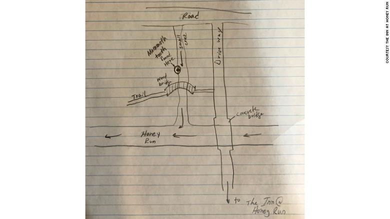 歯の発見場所を記したジャクソン君直筆の地図/Courtesy The Inn at Honey Run